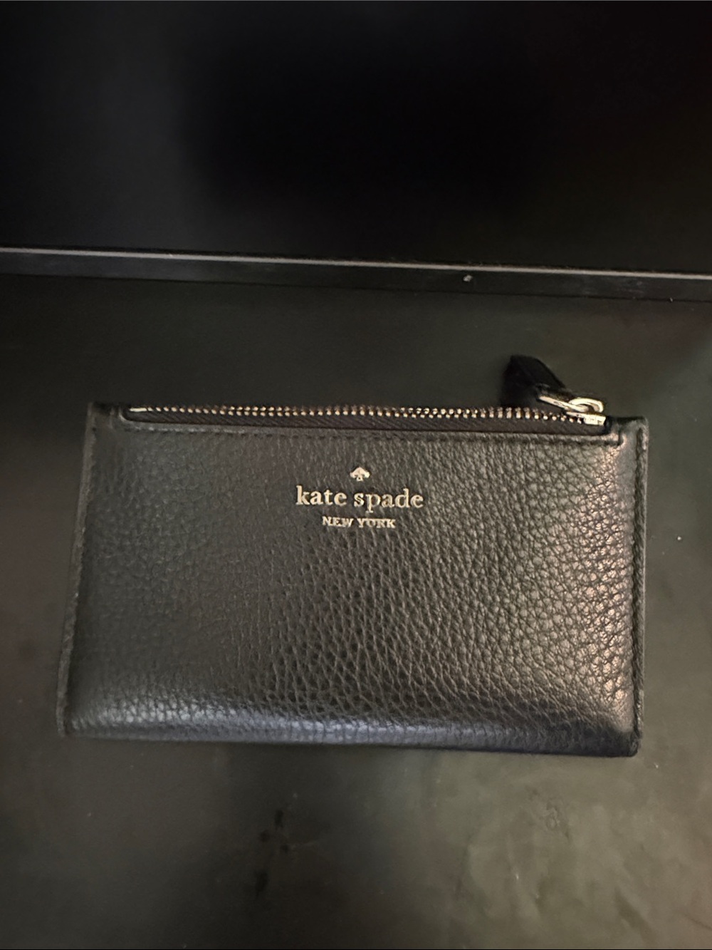kate spade Black Pebbled Leather Zip Card Case with Gold Logo